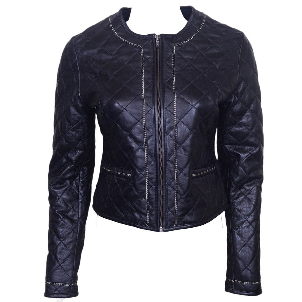 Women's Leather Bomber Jacket with Diamond Detail